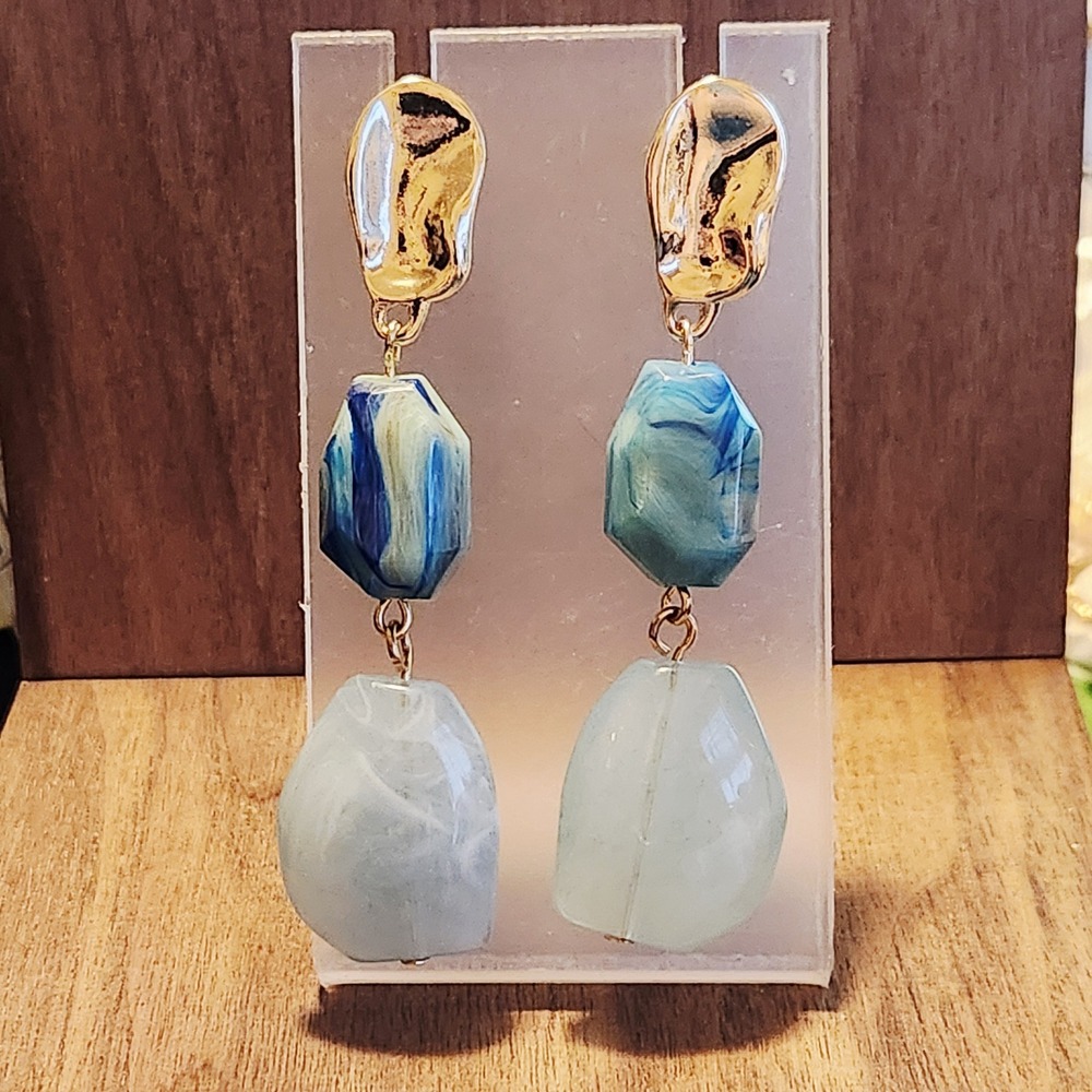 Blue Green Marbled Resin Tiered Drop Earrings Hammered Gold Tone Post Statement